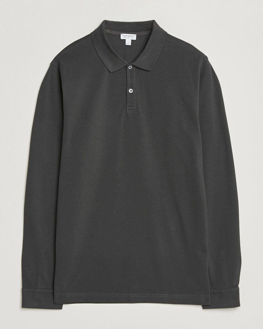 Sunspel Supima Cotton Long Sleeve Pique Polo Anthracite – Grau