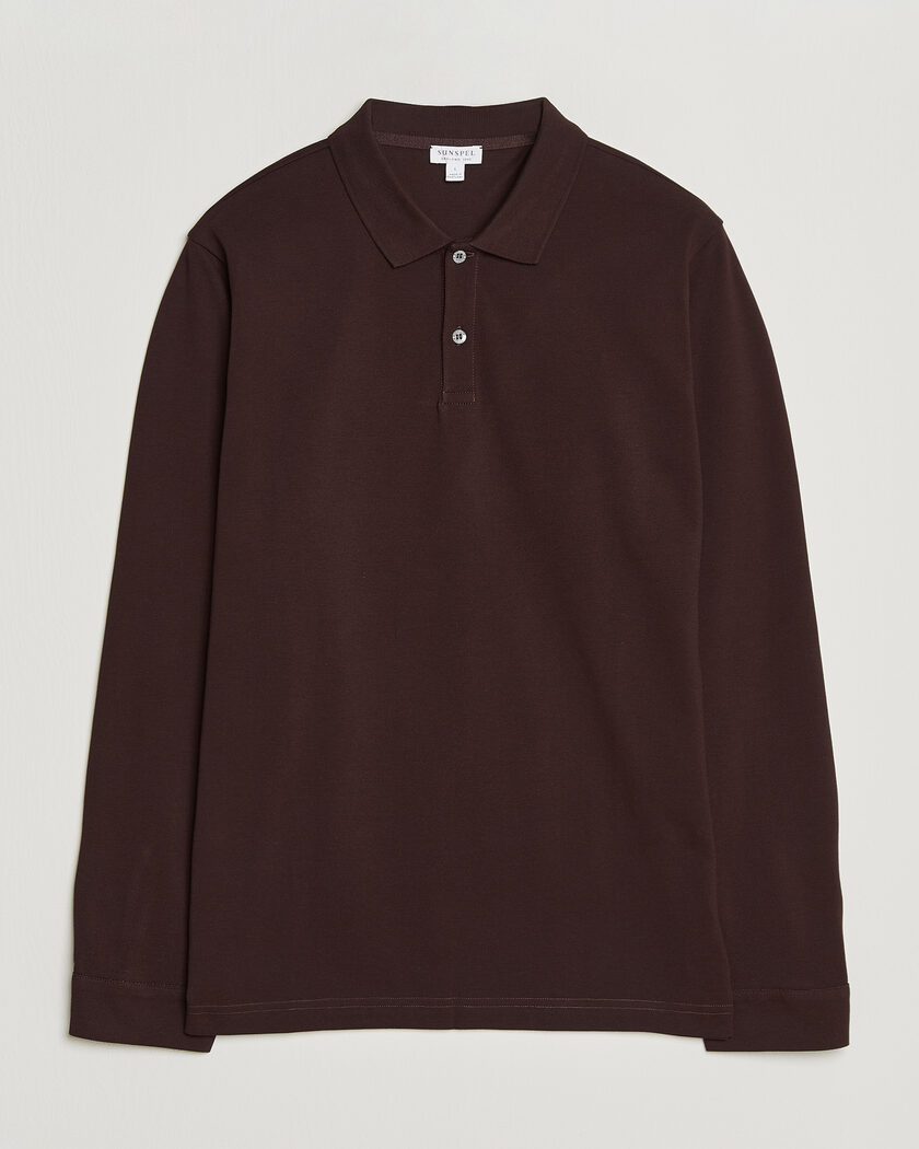Sunspel Supima Cotton Long Sleeve Pique Polo Dark Brown – Braun