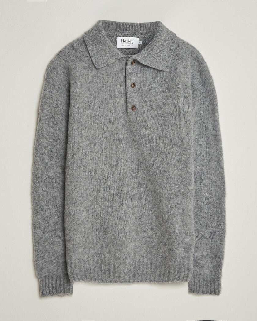 Harley Of Scotland Brushed Supersoft Lambswool Polo Mid Grey – Grau