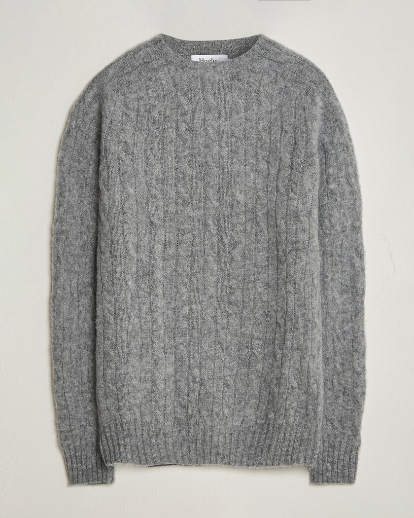 Harley Of Scotland Brushed Supersoft Lambswool Cable Mid Grey – Grau