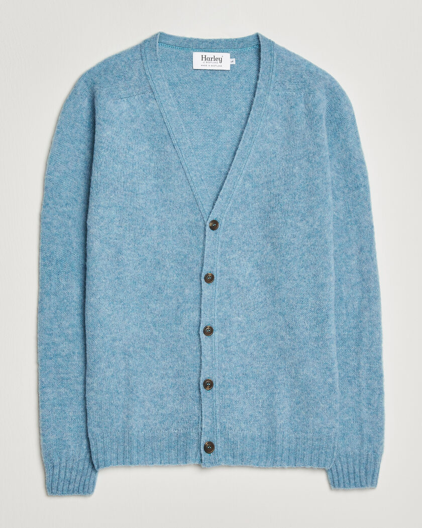 Harley Of Scotland Brushed Supersoft Lambswool Cardigan Loch Blue – Blau