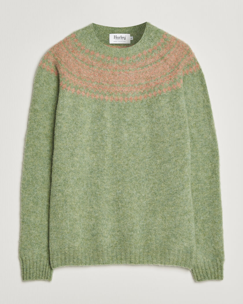 Harley Of Scotland Brushed Supersoft Lambswool Yolk Fairisle Sage/Parfait – Grün