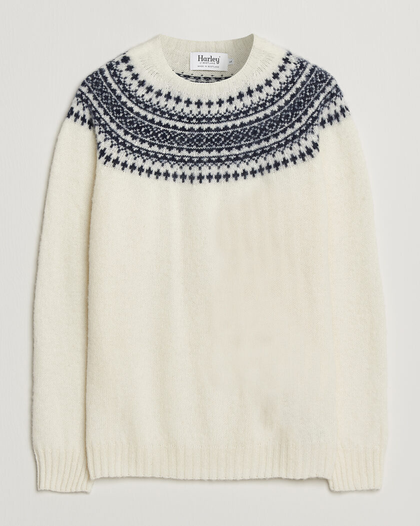 Harley Of Scotland Brushed Supersoft Lambswool Yolk Fairisle Snow White/Navy – Weiß