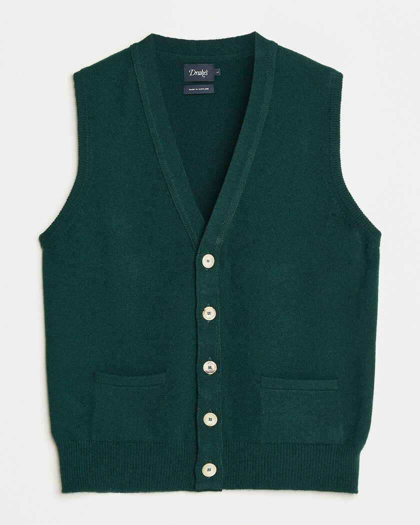 Drake's Lambswool Vest Cardigan Green – Grün