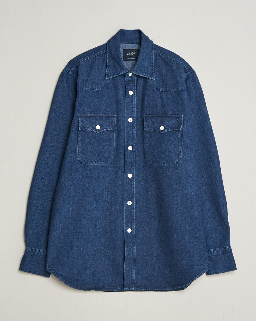 Drake's Western Selvedge Denim Shirt Stone Wash Indigo – Blau