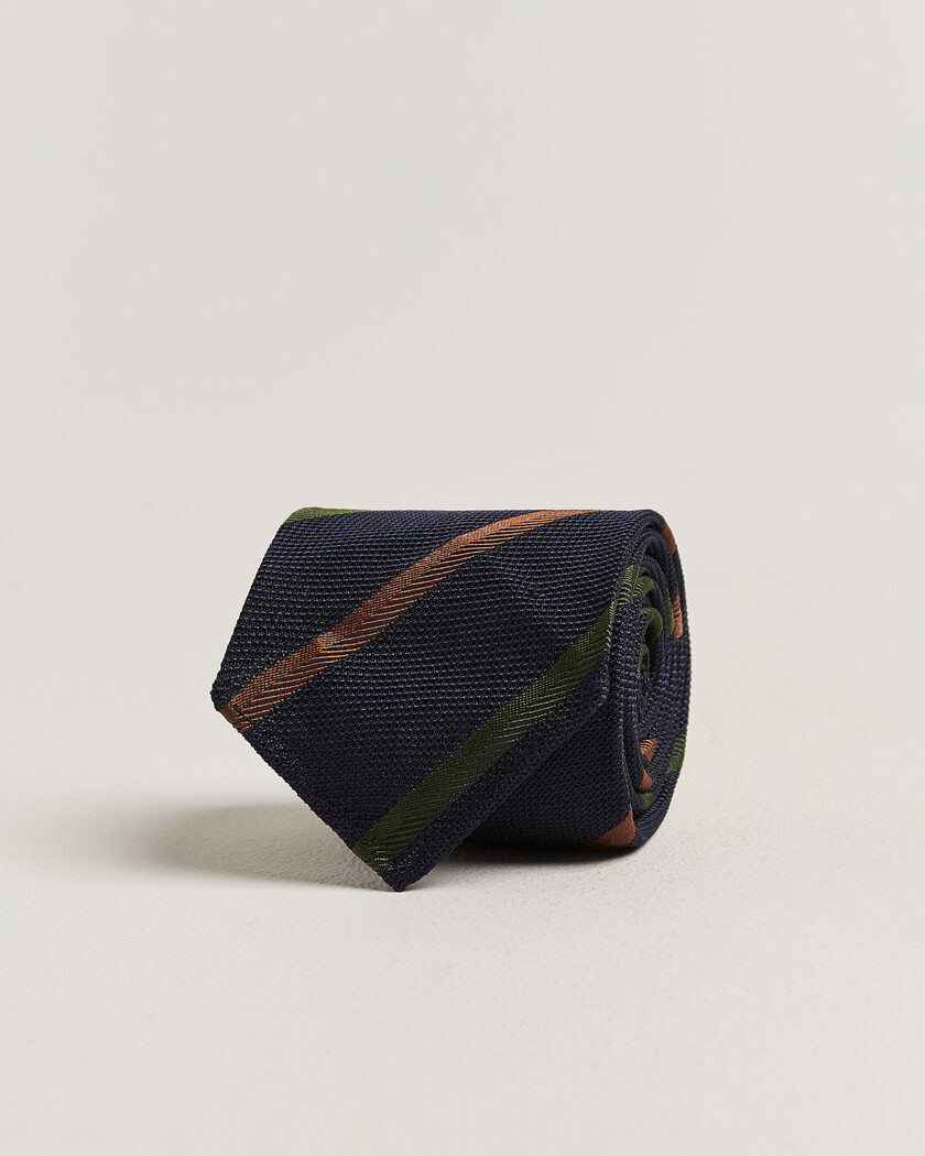 Drake's Multistripe Grenadine Silk Tie Navy/Green/Brown – Blau