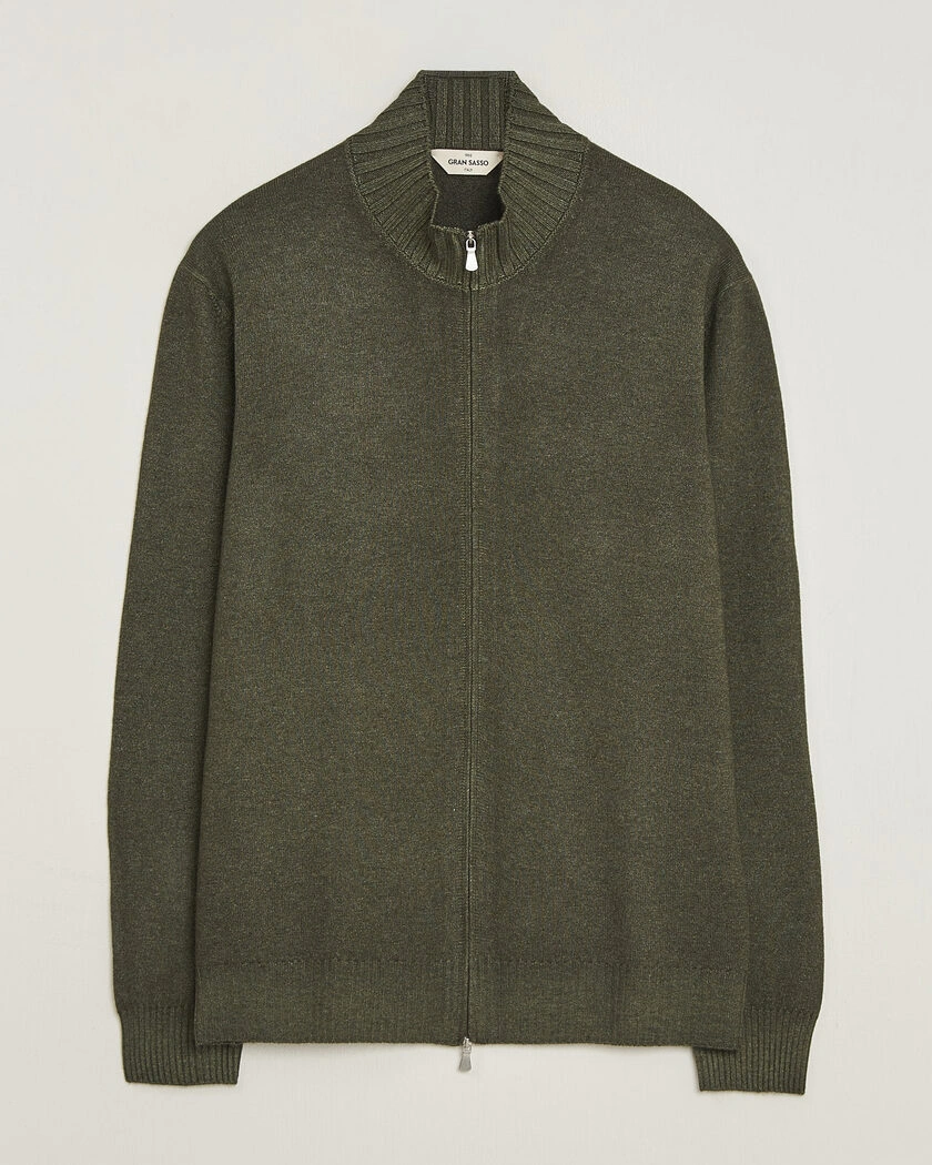 Gran Sasso Wool/Cashmere Washed Full Zip Olive Melange – Grün