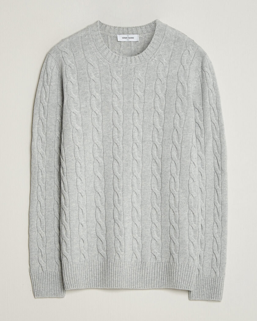 Gran Sasso Wool/Cashmere Cable Crew Neck Light Grey Melange – Grau