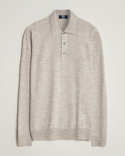 Fedeli 140s Fine Wool Long Sleeve Polo Beige Melange