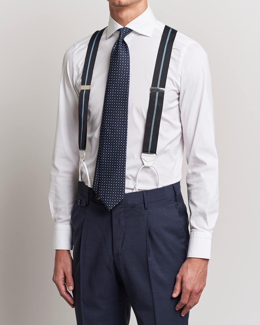Herren | Albert Thurston Thin Stripe Braces 40mm Black/Sky | Albert Thurston | Thin Stripe Braces 40mm Black/Sky