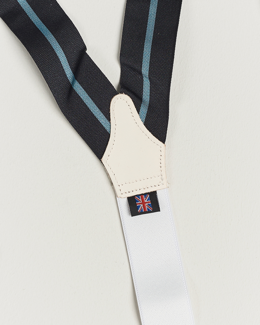 Herren | Albert Thurston Thin Stripe Braces 40mm Black/Sky | Albert Thurston | Thin Stripe Braces 40mm Black/Sky