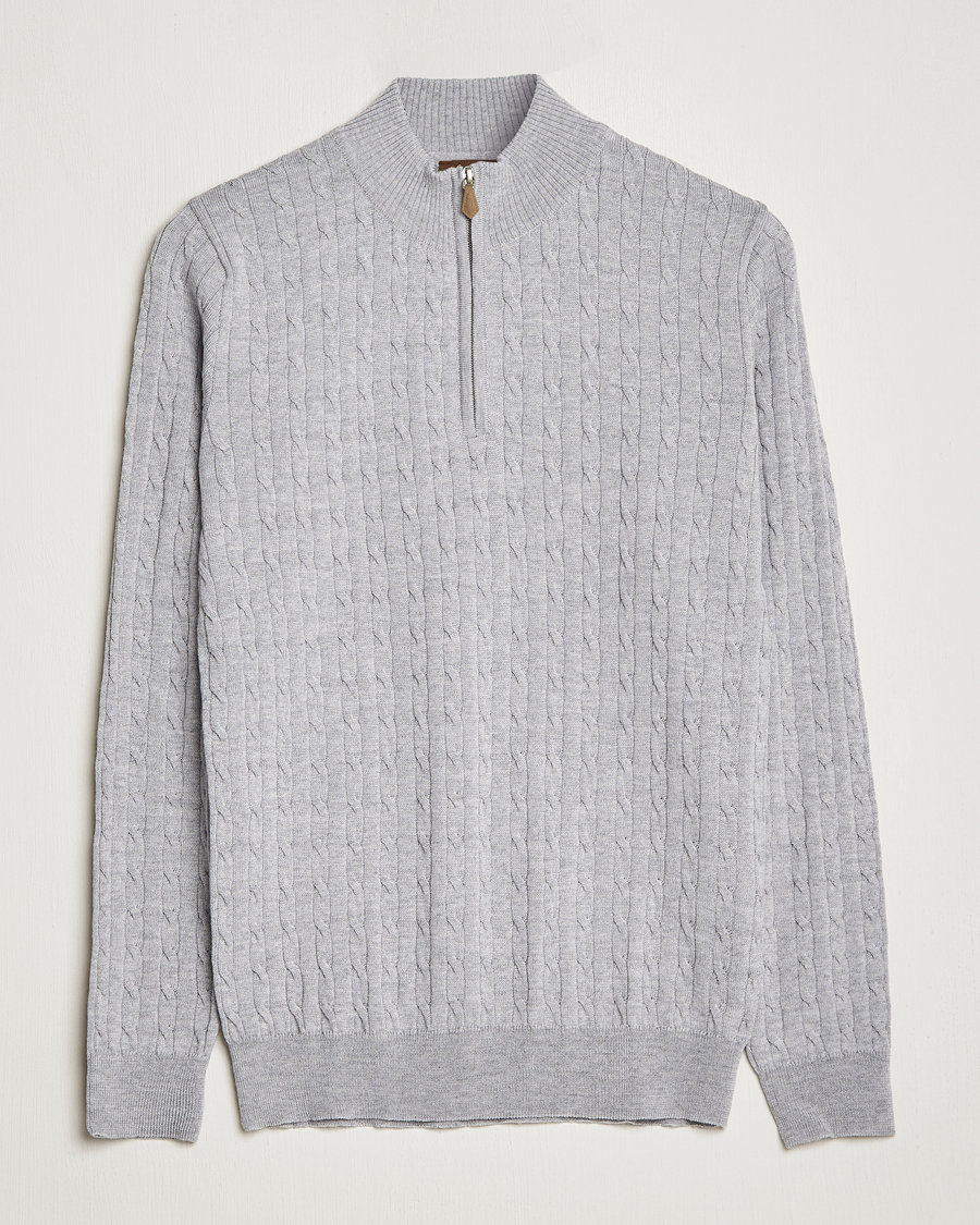 Herren | Pullover | Stenströms | Merino Wool Cable Half Zip Light Grey