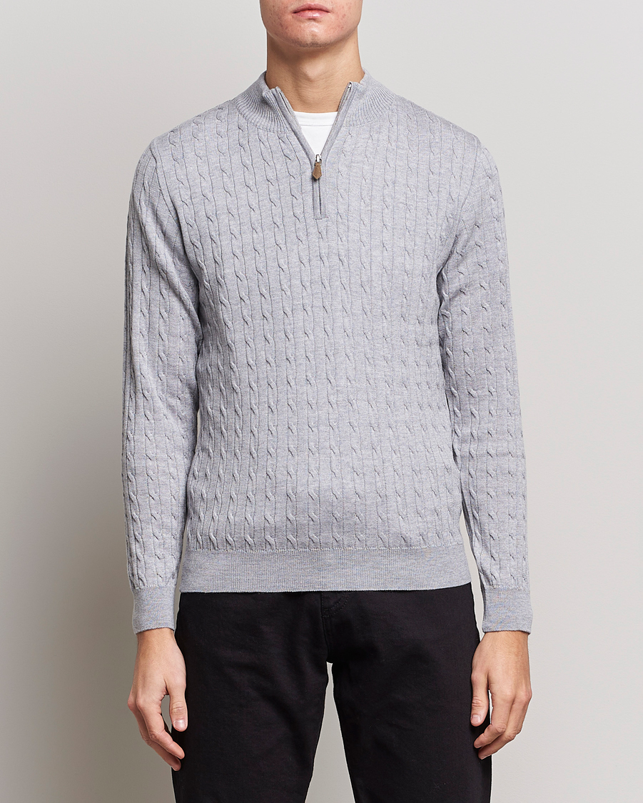 Herren | Pullover | Stenströms | Merino Wool Cable Half Zip Light Grey