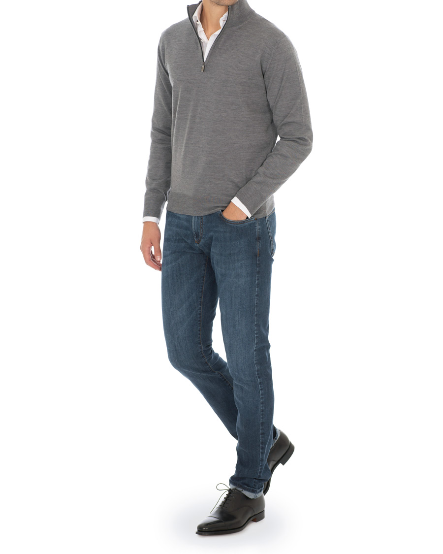 Herren | Pullover | Canali | Merino Wool Half Zip Sweater Grey Melange