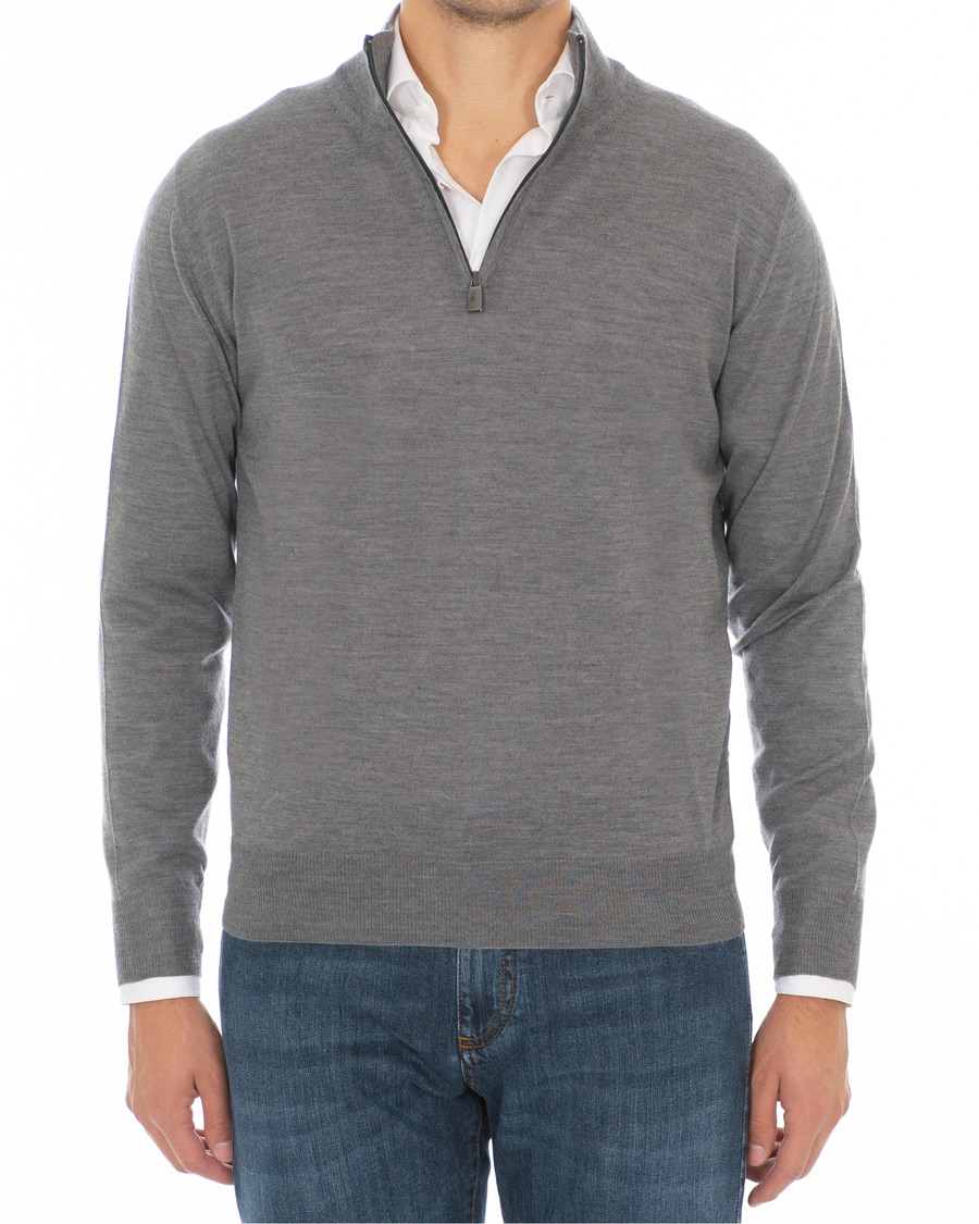 Herren | Pullover | Canali | Merino Wool Half Zip Sweater Grey Melange