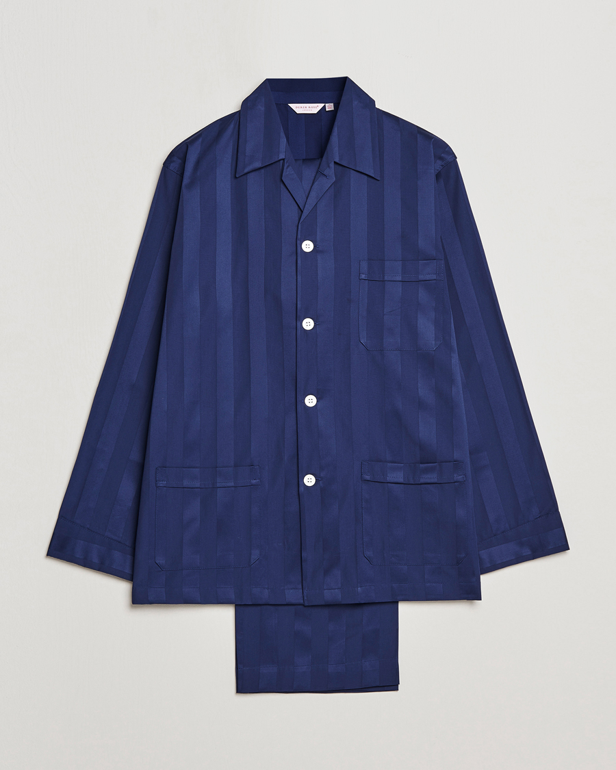 Herren | Schlafanzüge & Bademäntel | Derek Rose | Striped Cotton Satin Pyjama Set Navy