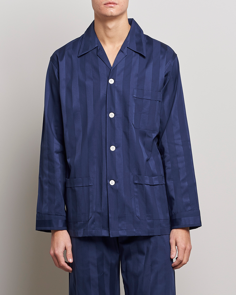 Herren |  | Derek Rose | Striped Cotton Satin Pyjama Set Navy