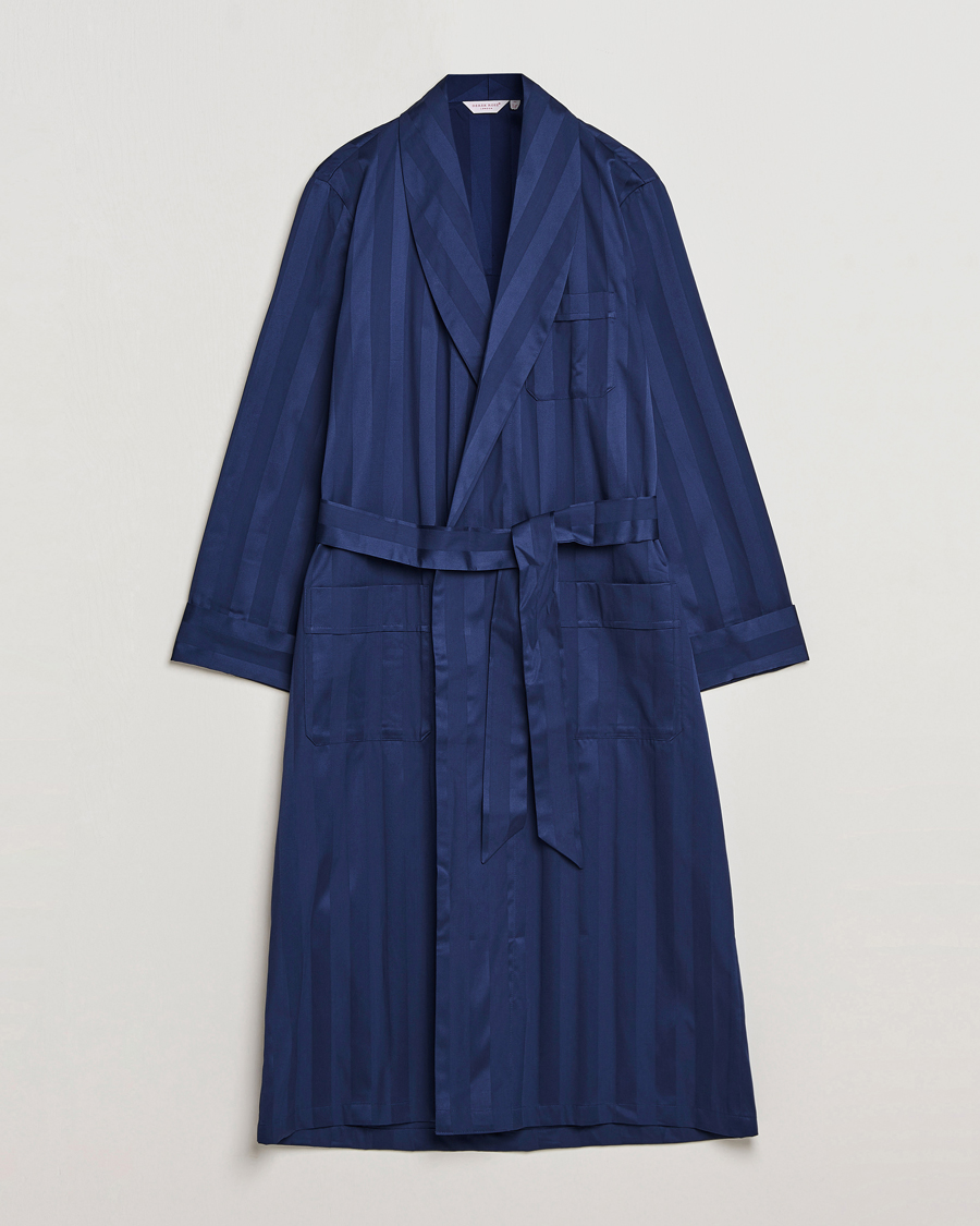 Herren | Schlafanzüge & Bademäntel | Derek Rose | Striped Cotton Satin Dressing Gown Navy/Navy