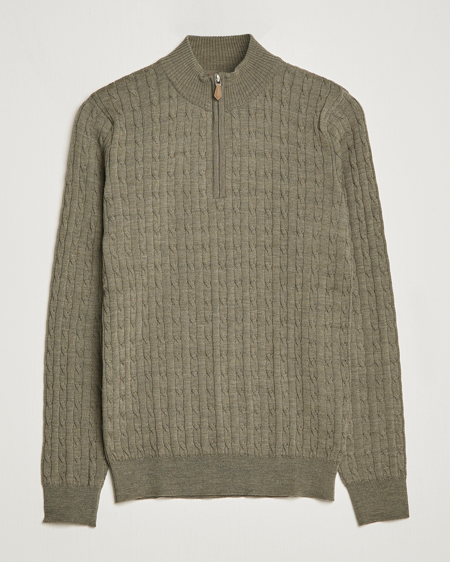 Herren | Pullover | Stenströms | Merino Wool Cable Half Zip Olive