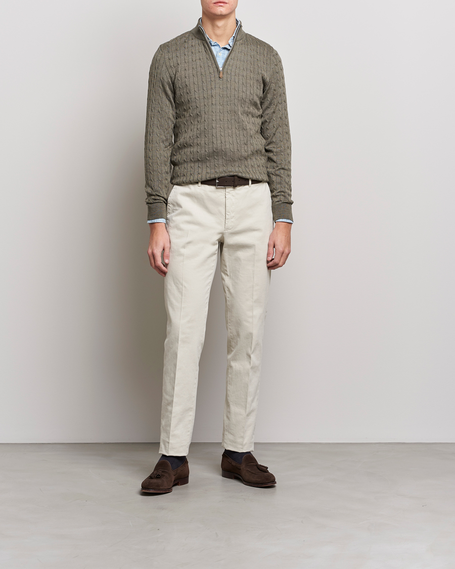 Herren | Pullover | Stenströms | Merino Wool Cable Half Zip Olive