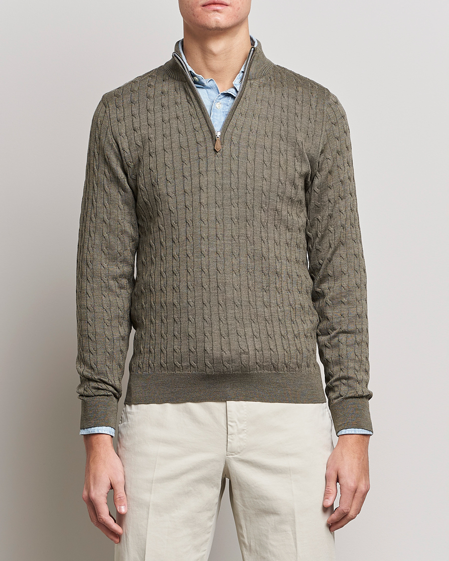Herren | Pullover | Stenströms | Merino Wool Cable Half Zip Olive