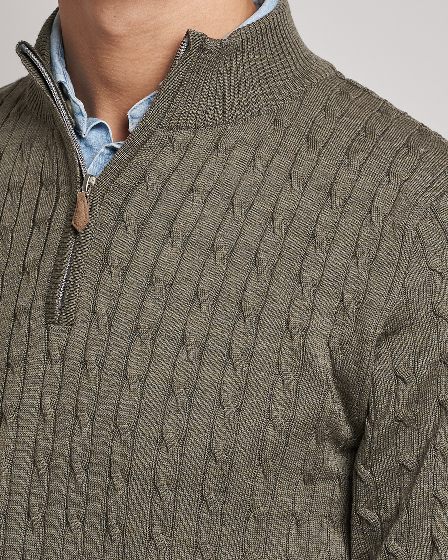 Herren | Pullover | Stenströms | Merino Wool Cable Half Zip Olive