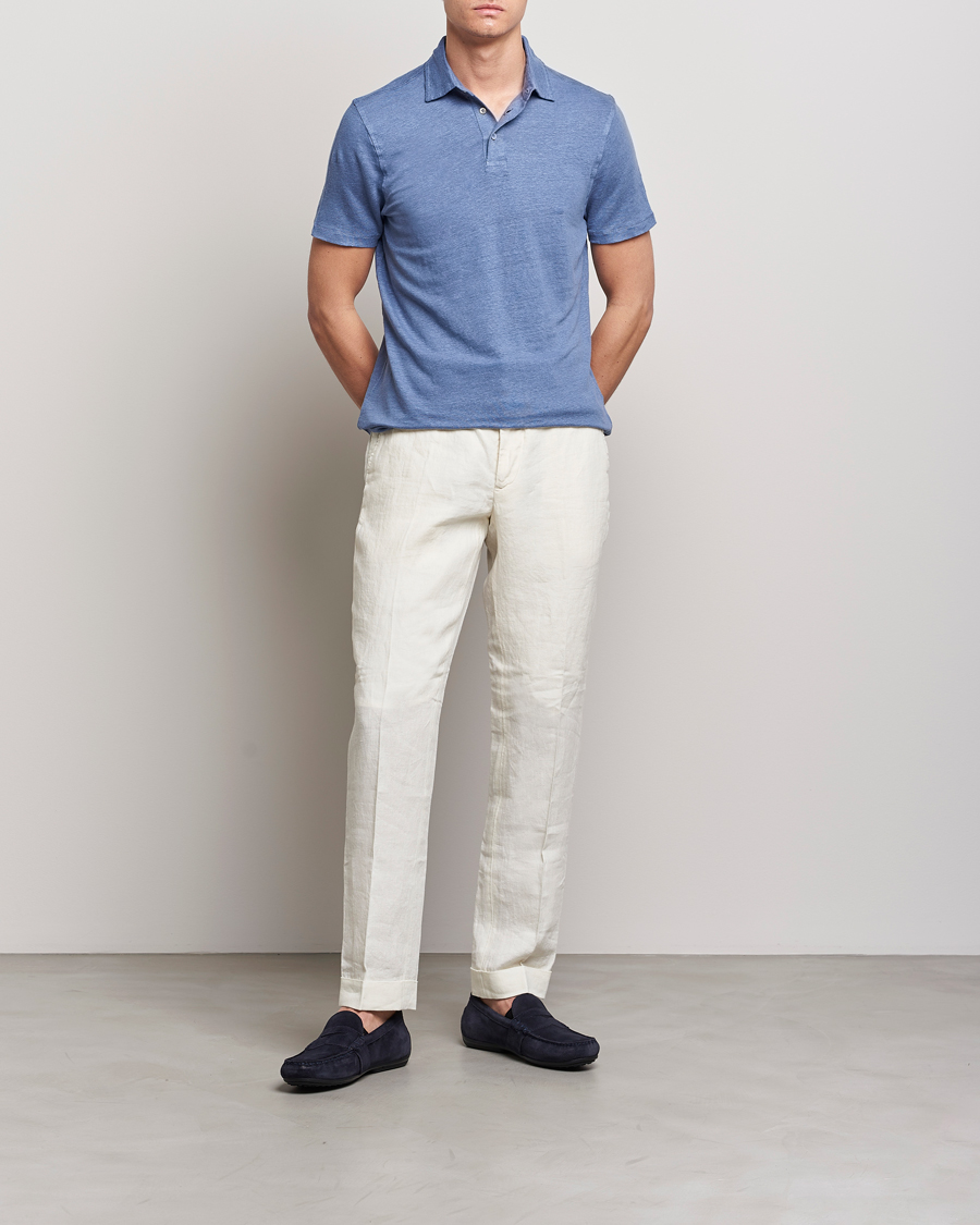 Herren | Poloshirts | Stenströms | Linen Polo Shirt Mid Blue