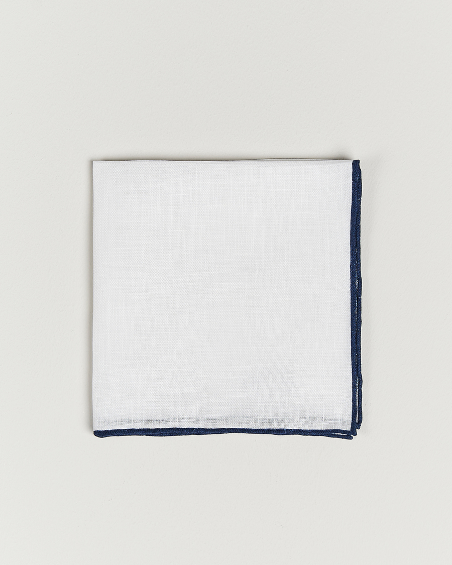 Herren | Amanda Christensen Linen Paspoal Pocket Square White/Navy | Amanda Christensen | Linen Paspoal Pocket Square White/Navy