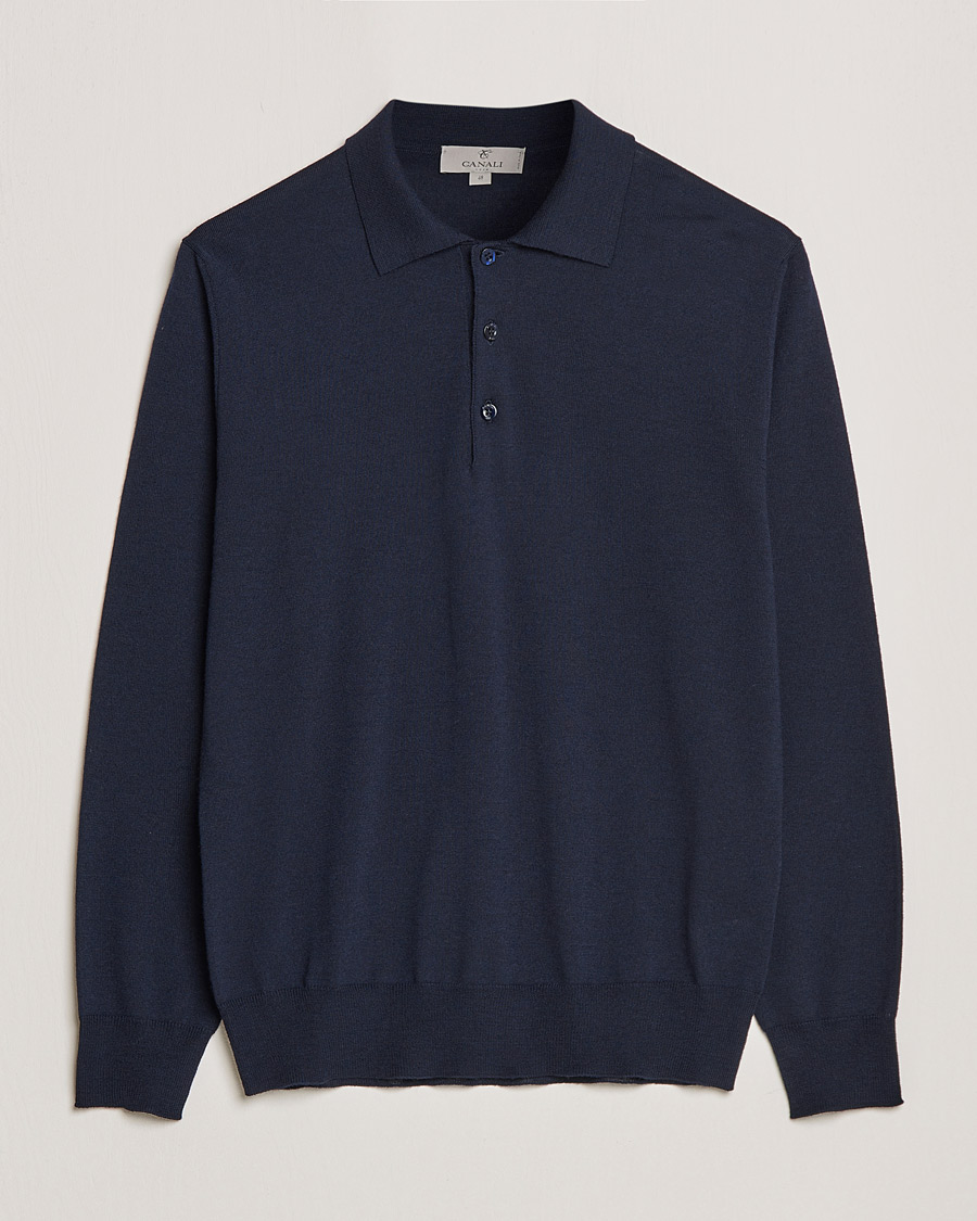 Herren | Pullover | Canali | Merino Wool Knitted Polo Navy