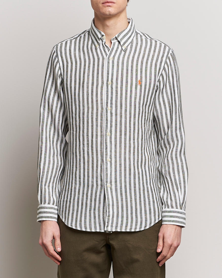Herren | Leinenhemden | Polo Ralph Lauren | Custom Fit Striped Linen Shirt Olive/White
