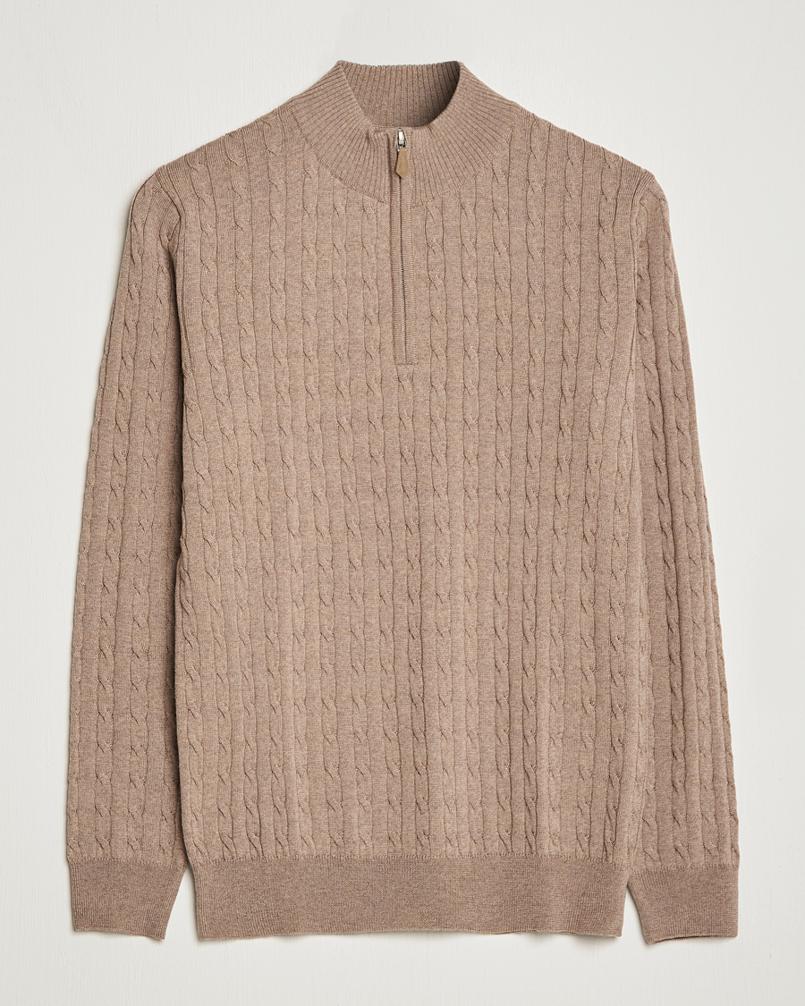 Herren | Pullover | Stenströms | Merino Wool Cable Half Zip Camel
