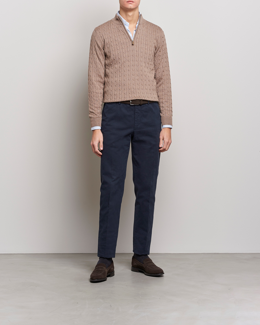 Herren | Pullover | Stenströms | Merino Wool Cable Half Zip Camel
