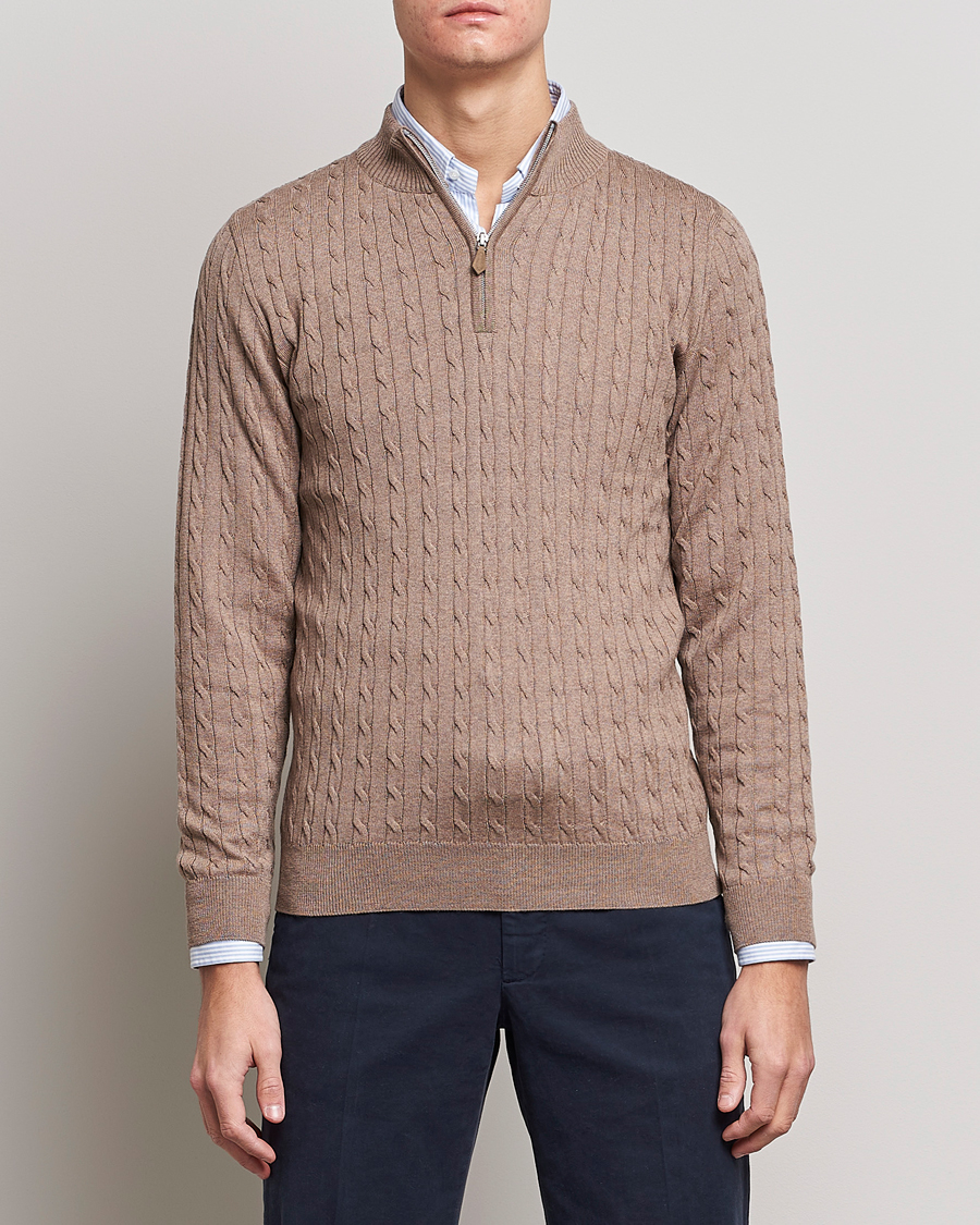 Herren | Pullover | Stenströms | Merino Wool Cable Half Zip Camel