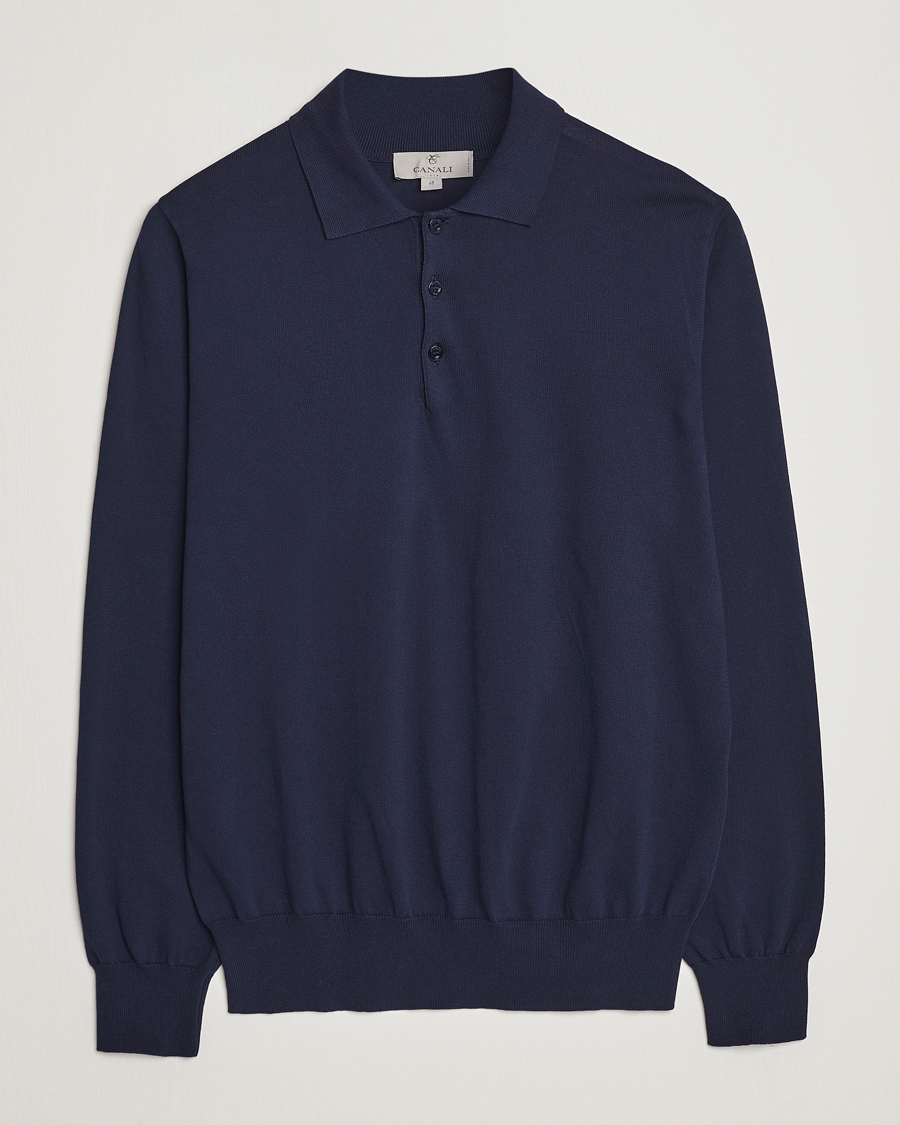 Herren | Pullover | Canali | Cotton Long Sleeve Polo Navy