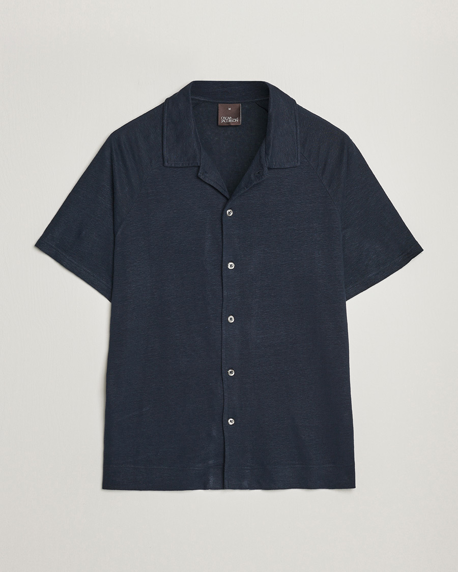 Herren | Poloshirts | Oscar Jacobson | Albin Short Sleeve Linen Polo Navy