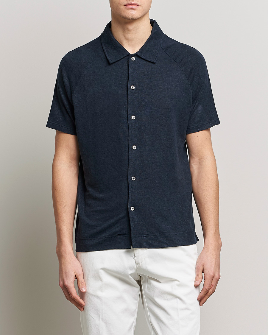 Herren | Poloshirts | Oscar Jacobson | Albin Short Sleeve Linen Polo Navy