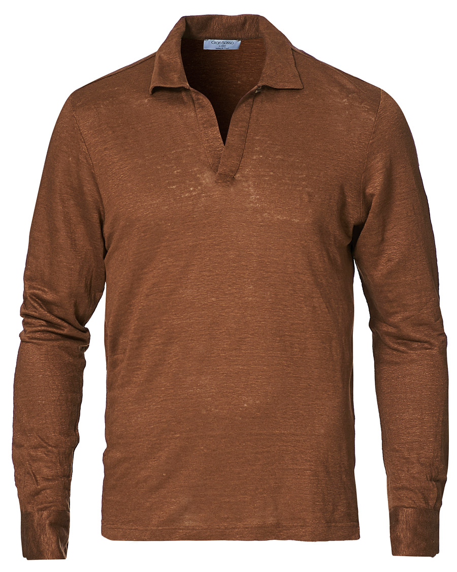 Herren | Pullover | Gran Sasso | Washed Linen Long Sleeve Polo Gold Brown