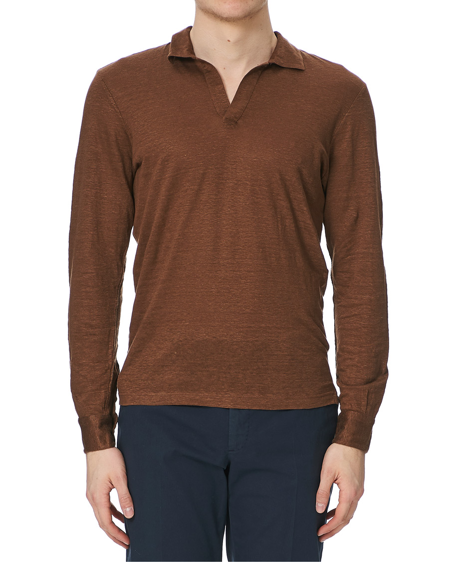 Herren | Pullover | Gran Sasso | Washed Linen Long Sleeve Polo Gold Brown