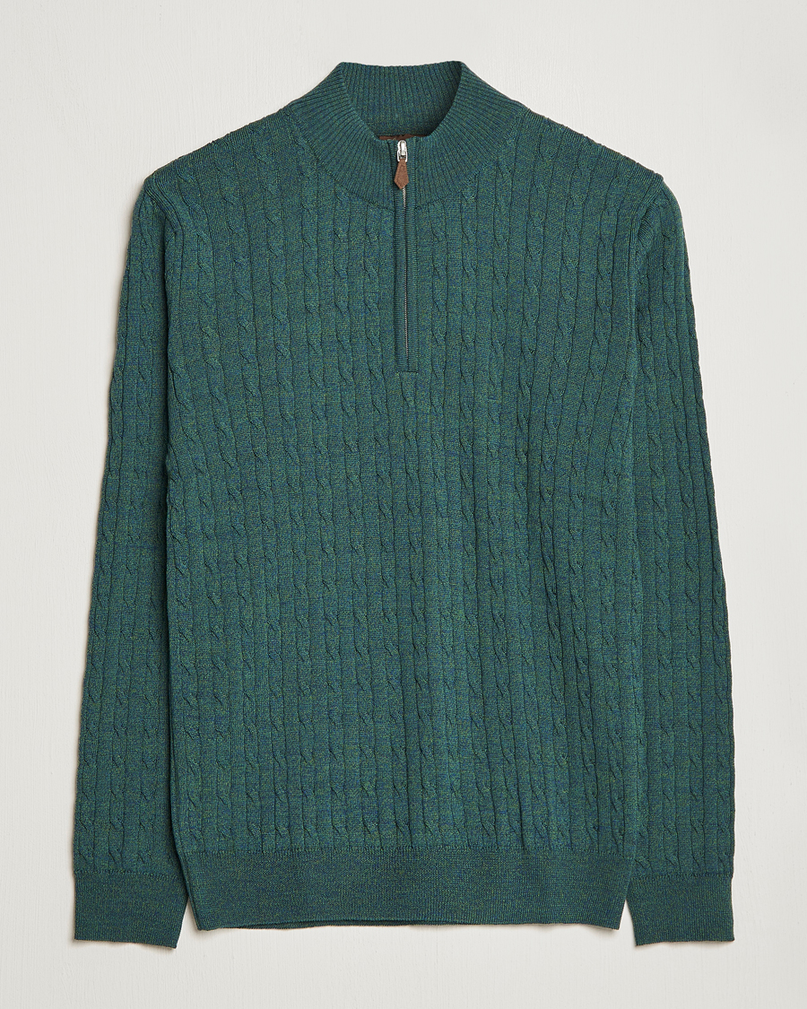 Herren | Pullover | Stenströms | Merino Wool Cable Half Zip Green Mouliné