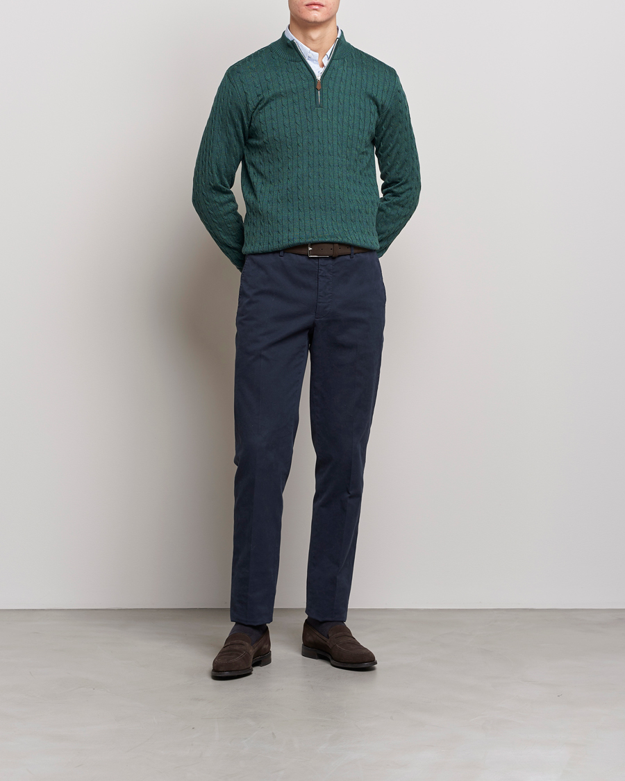 Herren | Pullover | Stenströms | Merino Wool Cable Half Zip Green Mouliné