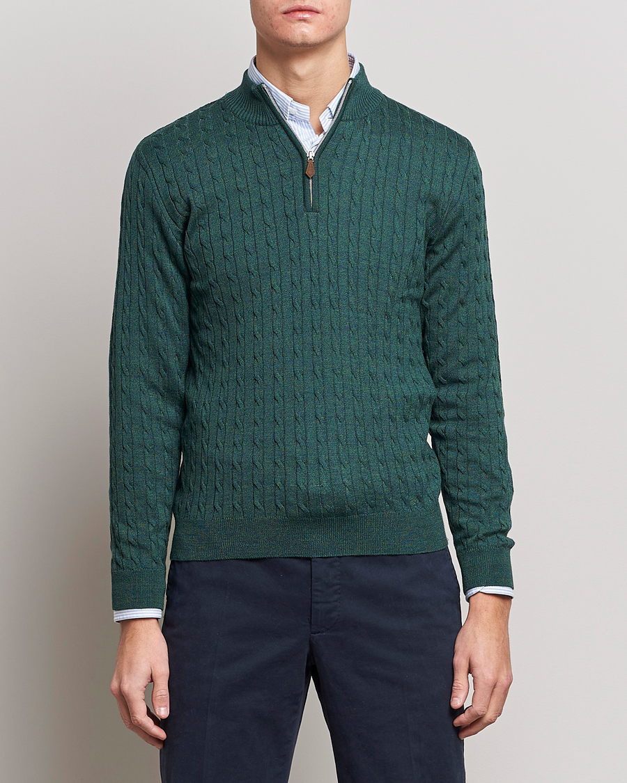 Herren | Pullover | Stenströms | Merino Wool Cable Half Zip Green Mouliné