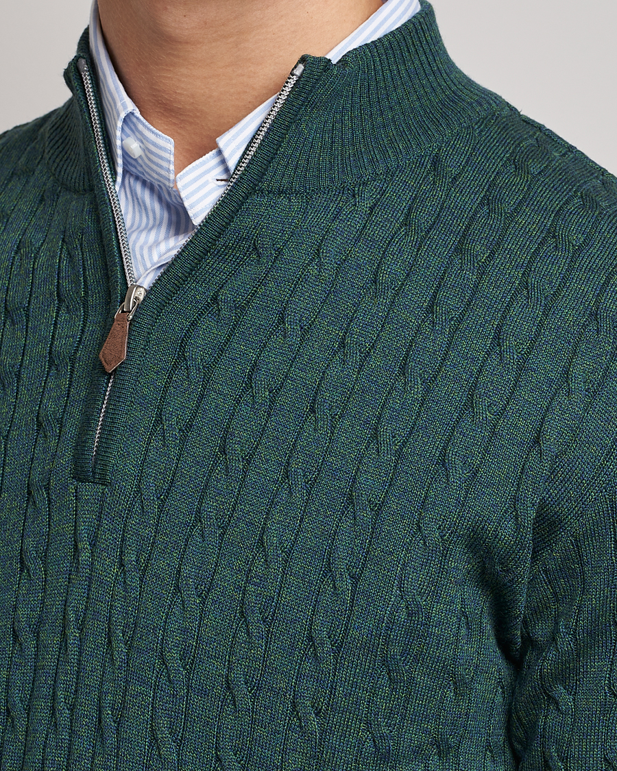 Herren | Pullover | Stenströms | Merino Wool Cable Half Zip Green Mouliné