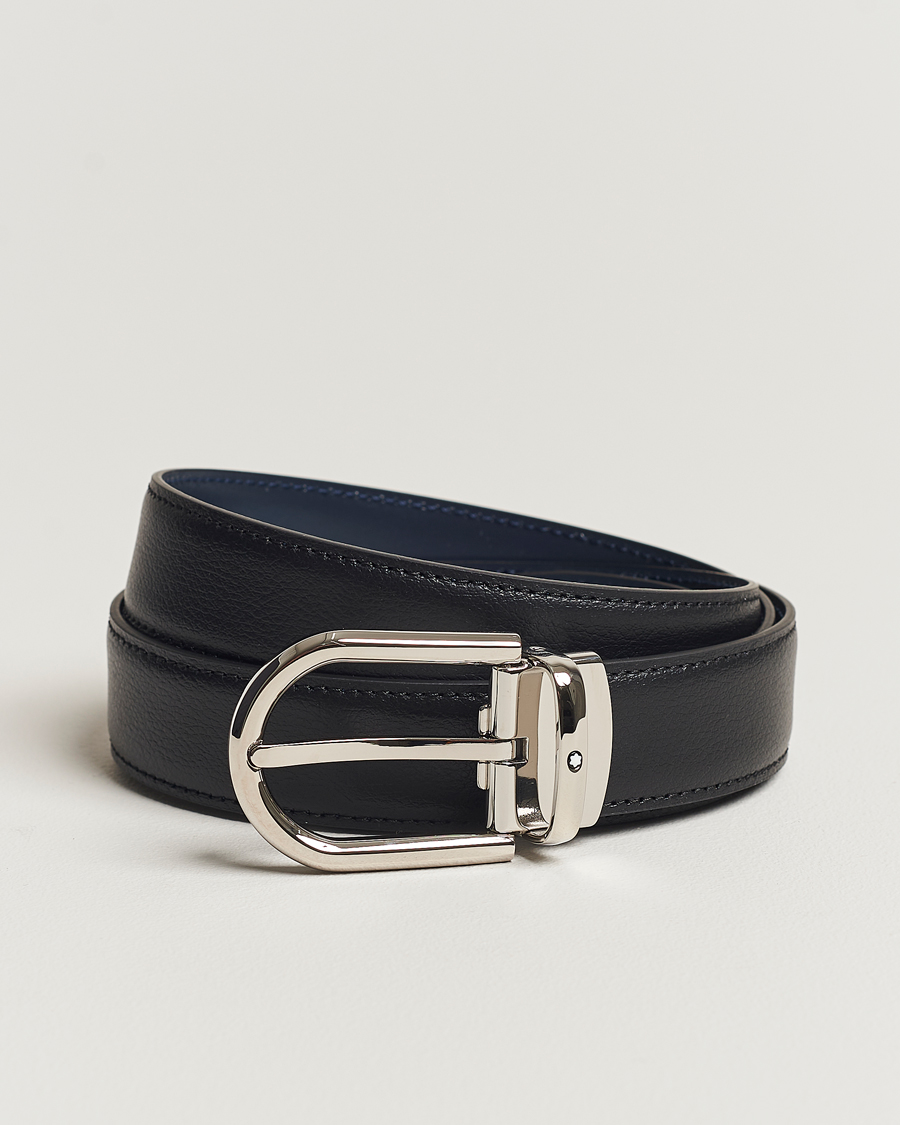 Herren | Montblanc Reversible Horseshoe Leather Belt 30mm Blue/Black Grain | Montblanc | Reversible Horseshoe Leather Belt 30mm Blue/Black Grain