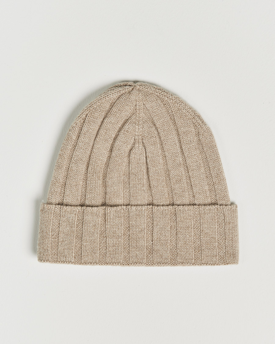 Herren | Amanda Christensen Block Rib Knitted Cashmere Cap Beige Melange | Amanda Christensen | Block Rib Knitted Cashmere Cap Beige Melange