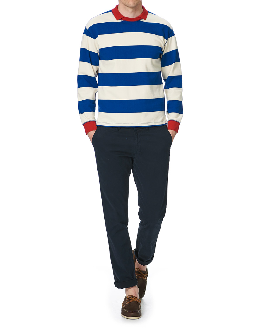 Herren | T-Shirts | Drake's | Mock Collar Long Sleeve Tee Blue/White