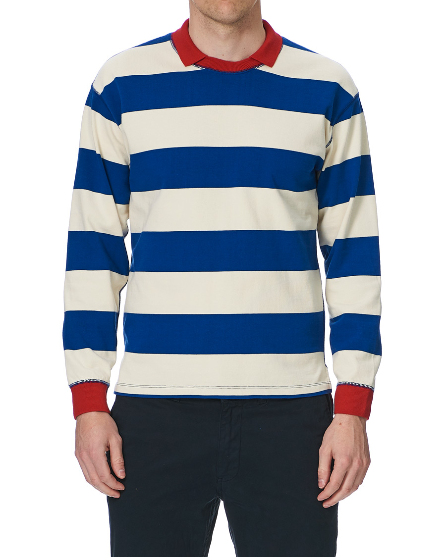 Herren | T-Shirts | Drake's | Mock Collar Long Sleeve Tee Blue/White