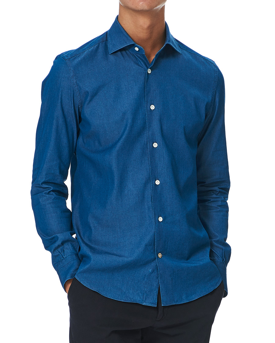 Herren | Hemden | Mazzarelli | Cut Away Down Denim Shirt Dark Indigo