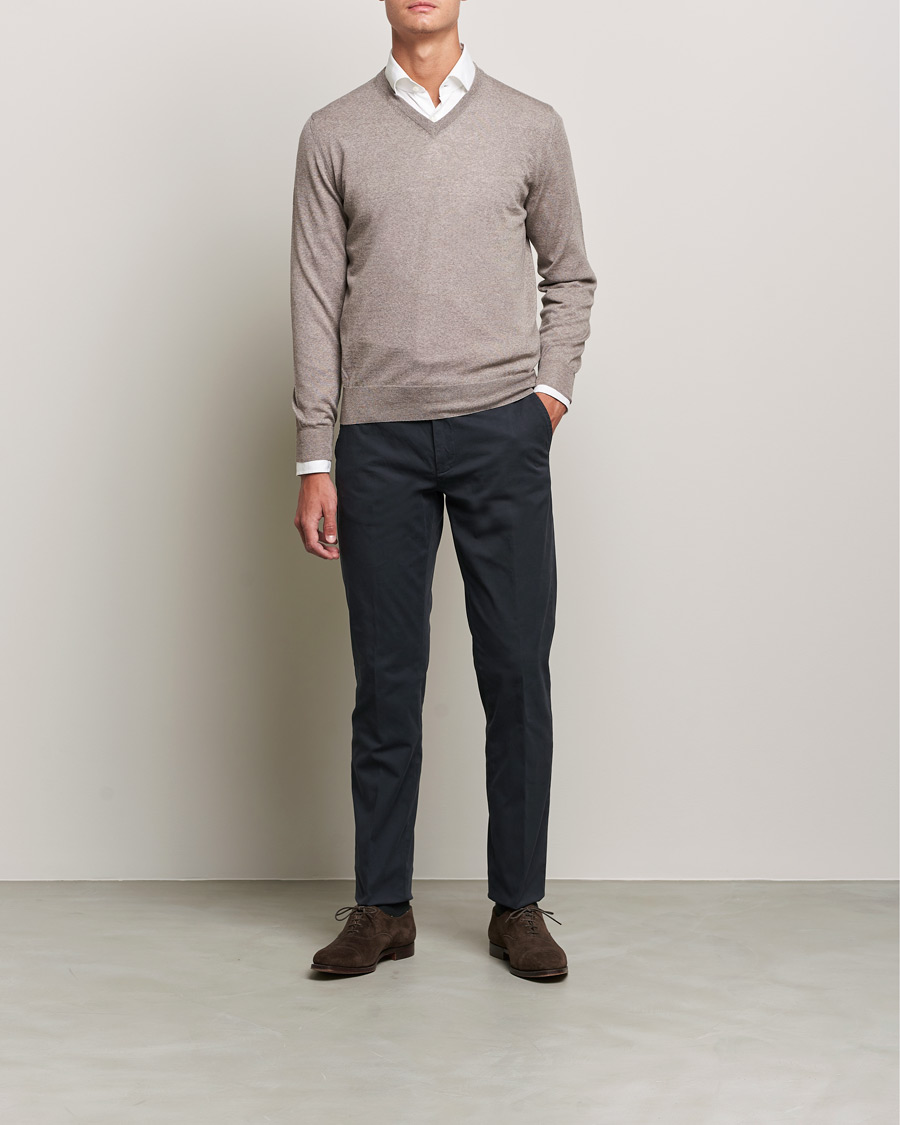 Herren | Pullover | Canali | Merino Wool V-Neck Taupe