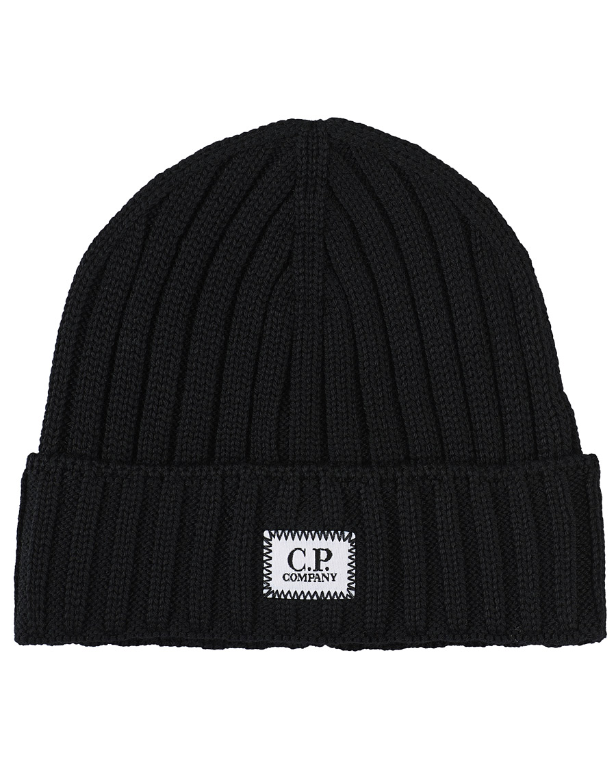 Herren | C.P. Company Knitted Merino Logo Beanie Black | C.P. Company | Knitted Merino Logo Beanie Black