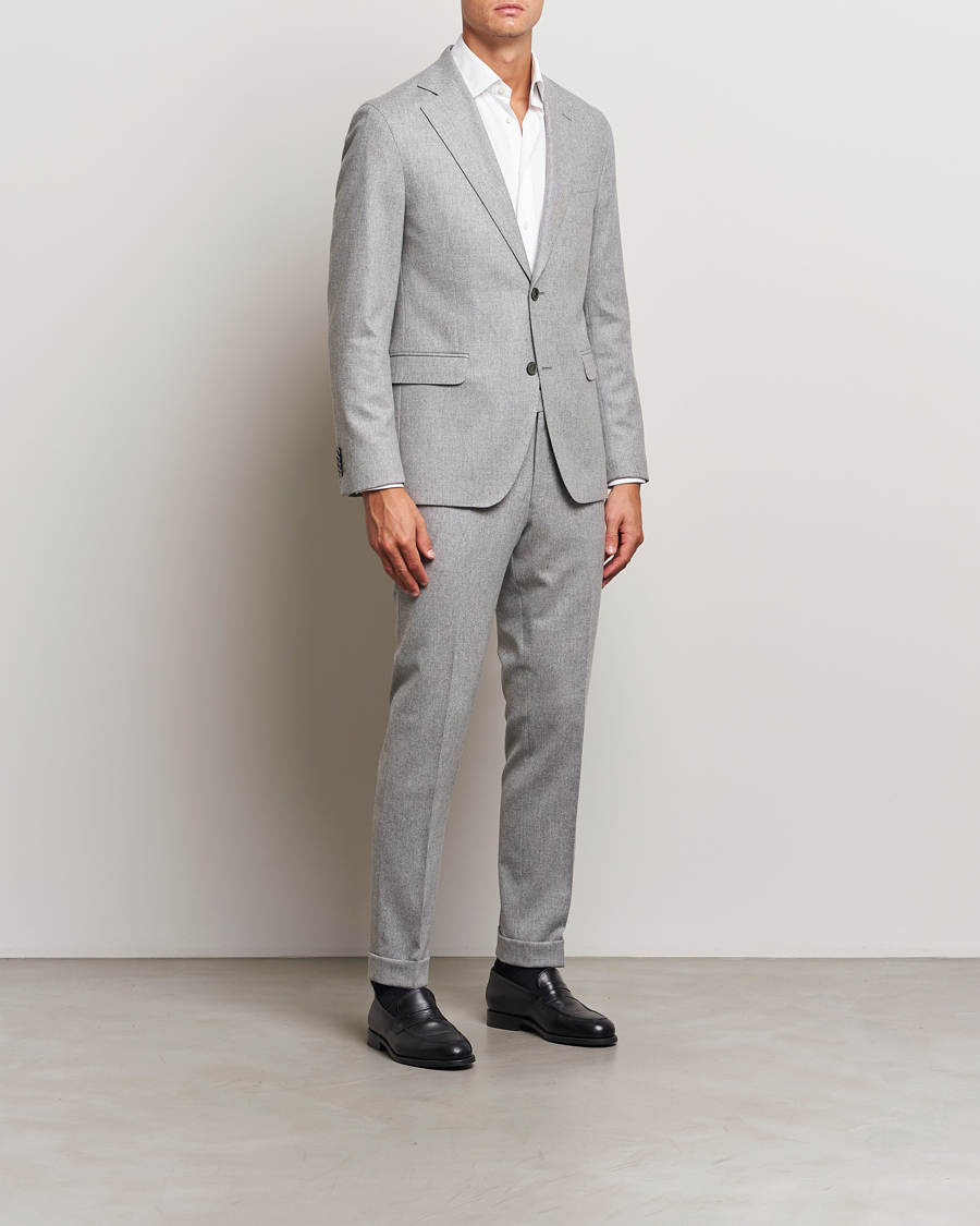 Herren | Hosen | Oscar Jacobson | Denz Turn Up Flannel Trousers Light Grey Melang
